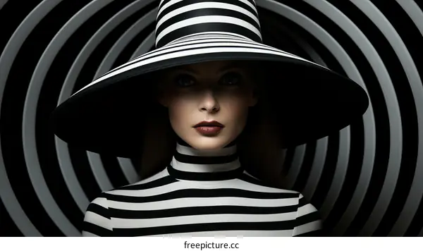 Black and white portrait of a woman wearing a striped hat and turtleneck.