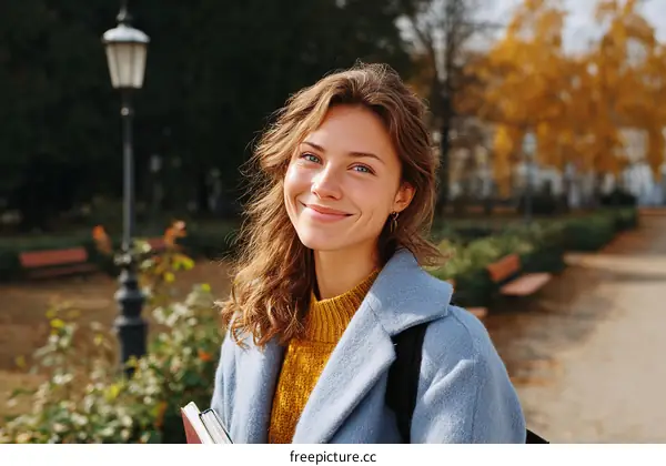 Smiling Woman in Park Autumn Day