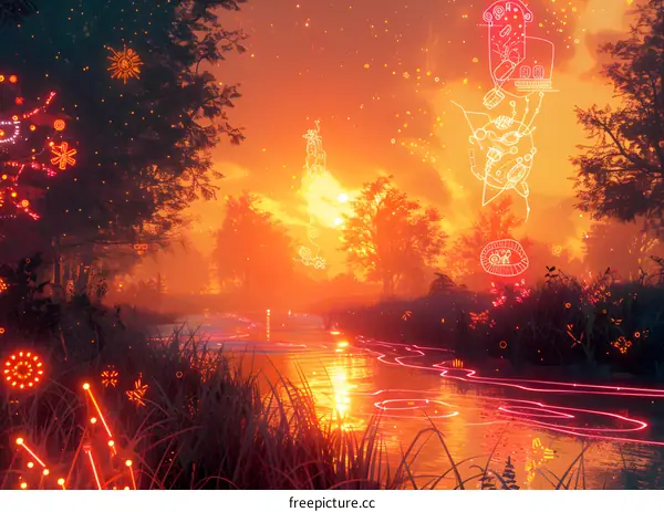 Glowing River in a Digital Forest