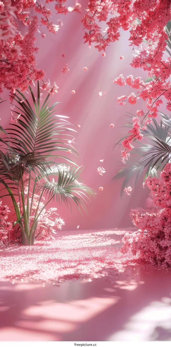 Pink Cherry Blossom Garden Scene Illustration