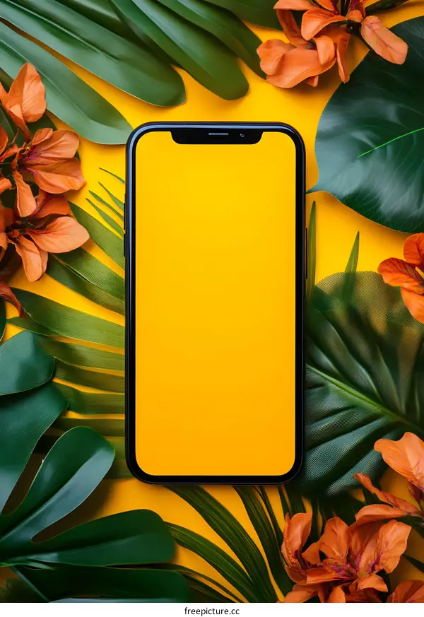 Smartphone on Yellow Background With Tropical Leaves