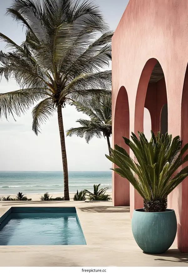 Tropical Poolside Architecture with Palm Trees and Ocean View