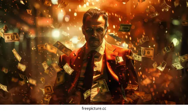 A man in a suit standing in a room full of money