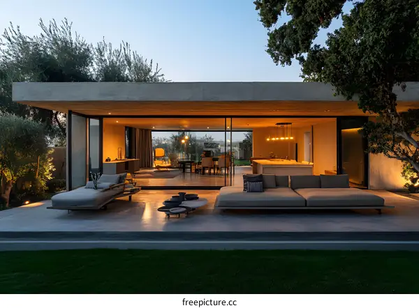 Modern Minimalist Home Design With Open Concept Living Space And Patio