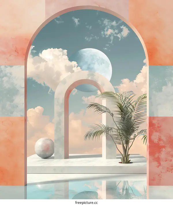 Archway With Sky And Palm Tree Abstract Illustration