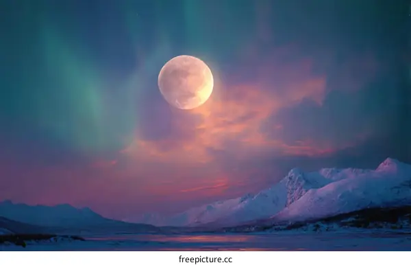 Majestic Winter Landscape with Aurora and Full Moon