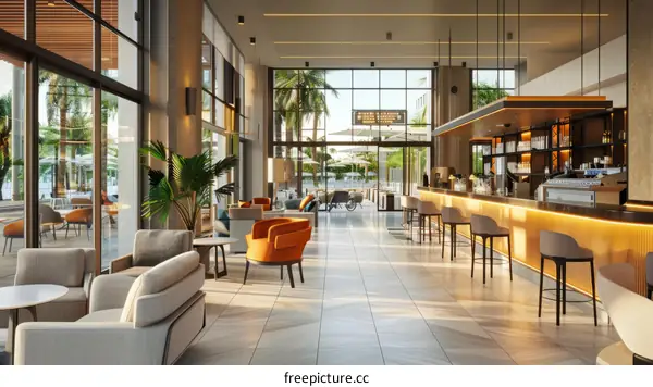 hotel lobby interior design with modern furniture and large windows