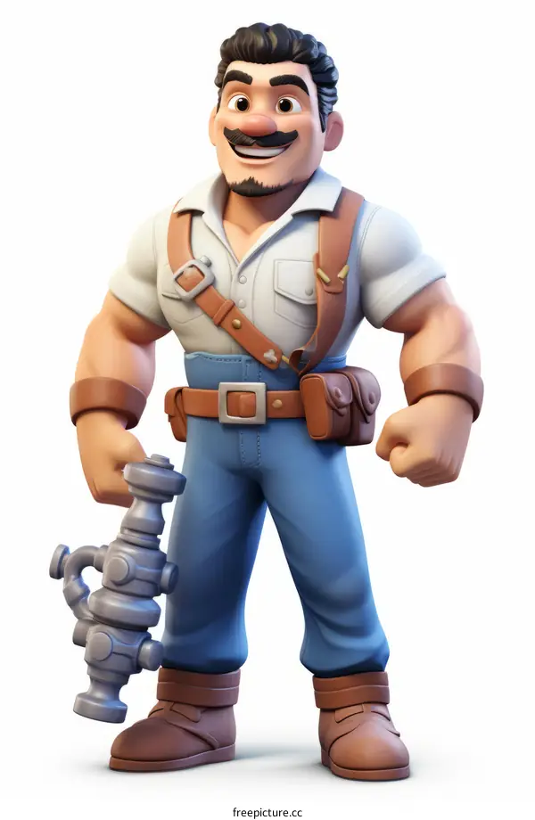 Cartoon Plumber with Mustache Holding a Plunger