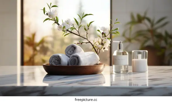 A serene spa scene with a delicate floral arrangement and soft lighting