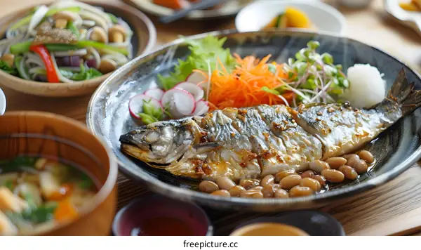 A delicious Japanese meal with grilled fish, vegetables, and soup
