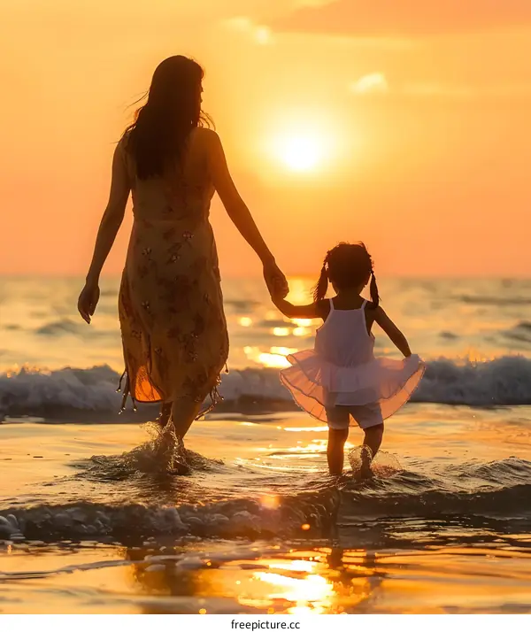 Mother and Daughter Walking on the Beach at Sunset