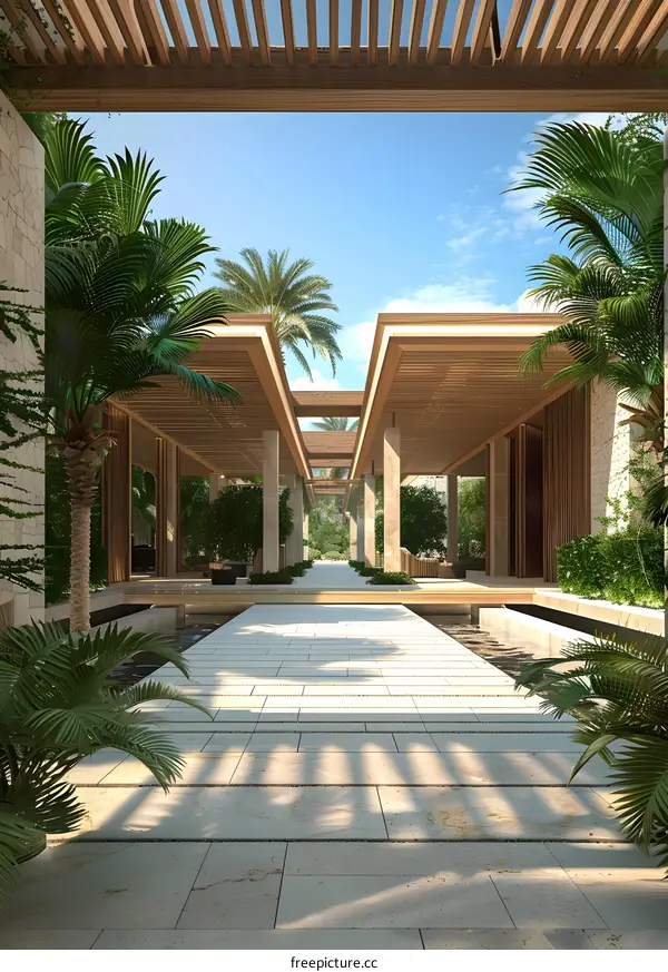 Modern Architecture with Wooden Roof and Palm Trees