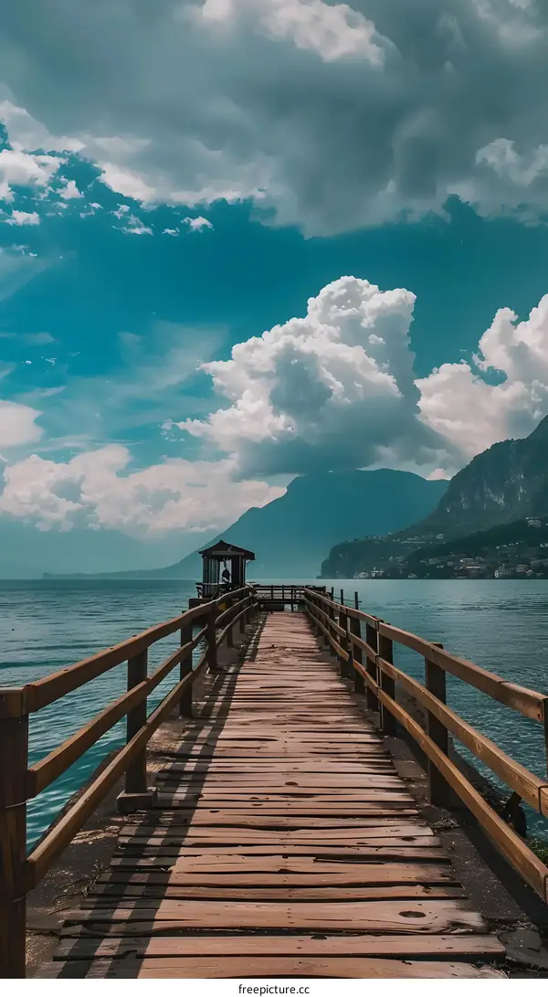 Wooden Pier Extending Into the Blue Lake
