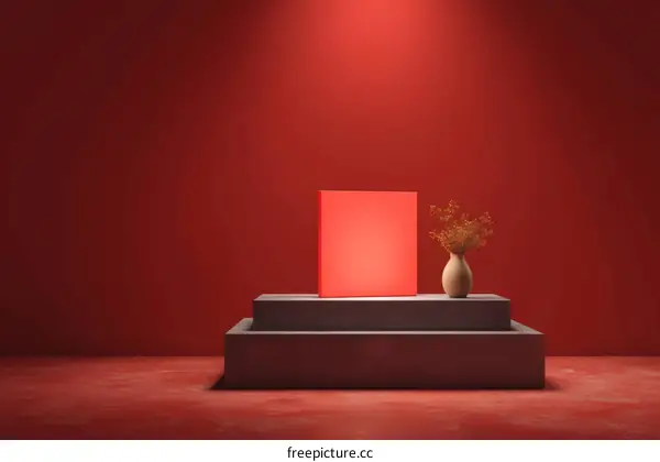 Red Minimalist Display Platform with Dried Flowers