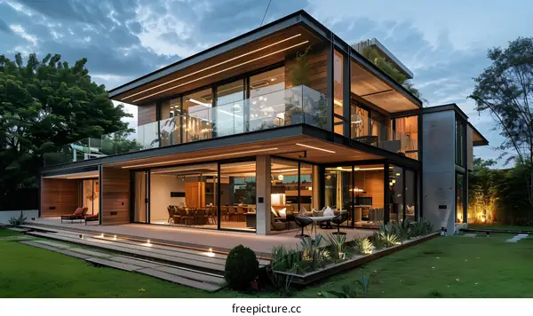Modern Home with Glass Windows and Wooden Accents