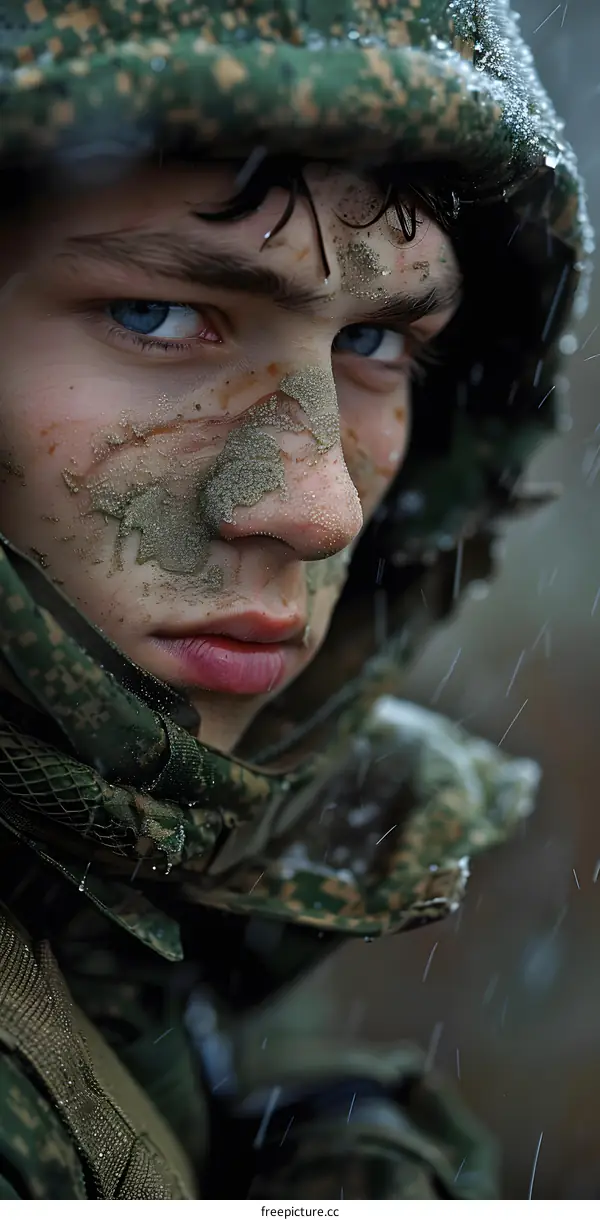Portrait of a young soldier with blue eyes and a dirty face