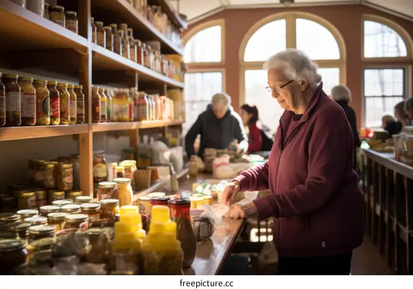 An elderly woman shops for groceries at a farmers market