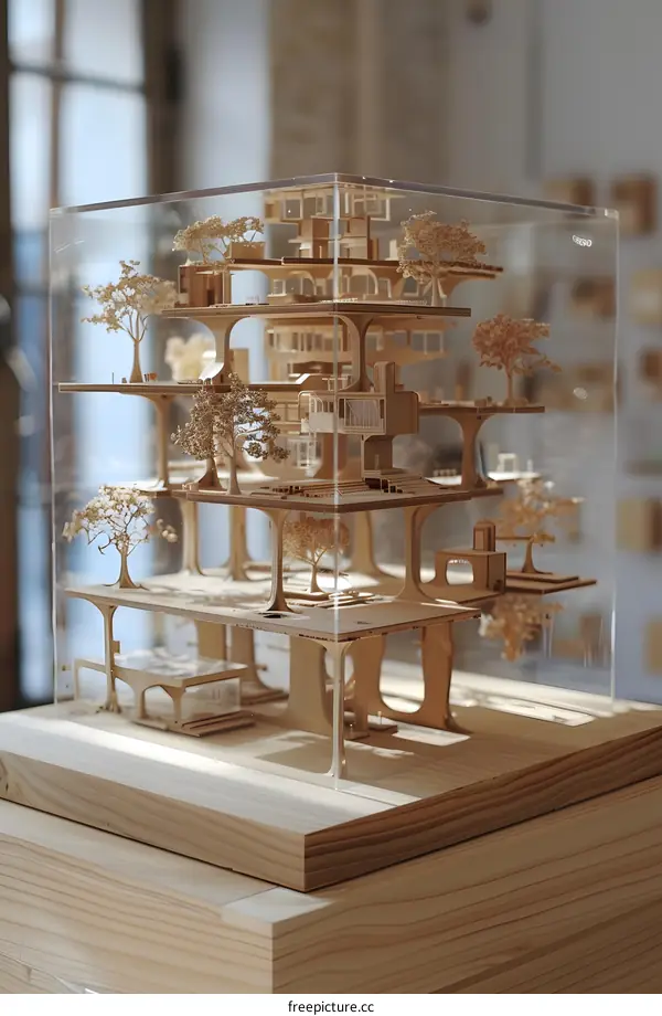 A wooden model of a city with trees growing through it