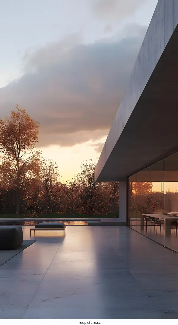 Minimalist Concrete House with Sunset Sky and Trees