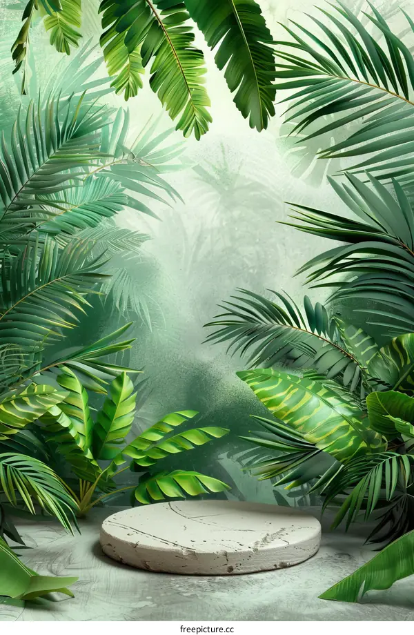 3D rendering of a green leaf background with a marble podium