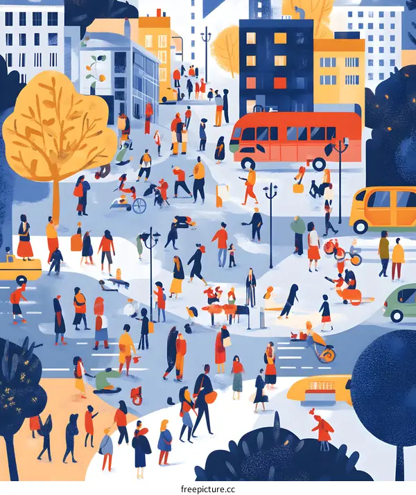City Life Illustration with People Walking in the Street