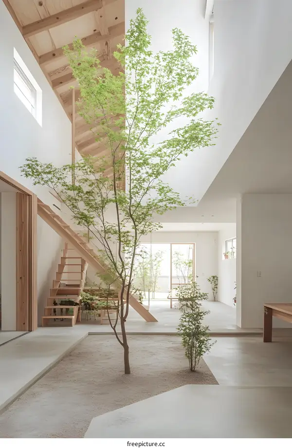 Modern Minimalist Home with Indoor Tree and Sand Garden