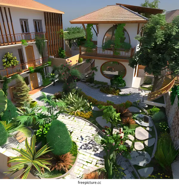 Tropical Garden Design with Stone Pathway and Lush Greenery
