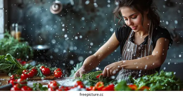 Woman Chopping Parsley in Kitchen