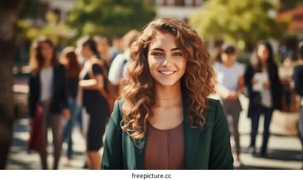A young woman with long brown hair smiling in front of a blurred background of people