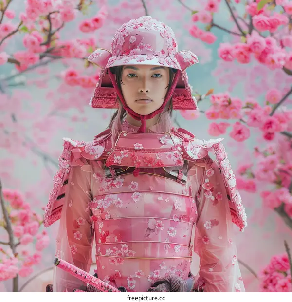 A young woman in a pink samurai armor stands in a field of cherry blossoms.
