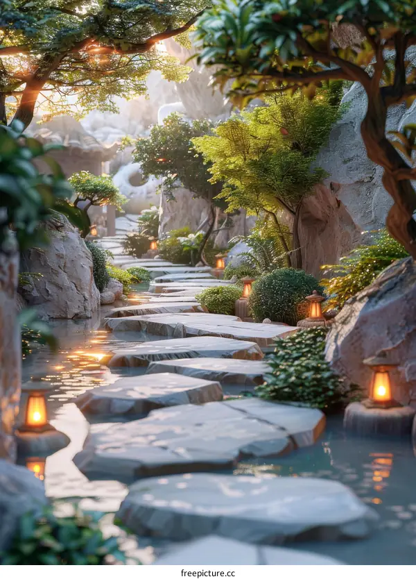 Fantasy Landscape with Stone Path, Trees and Lanterns