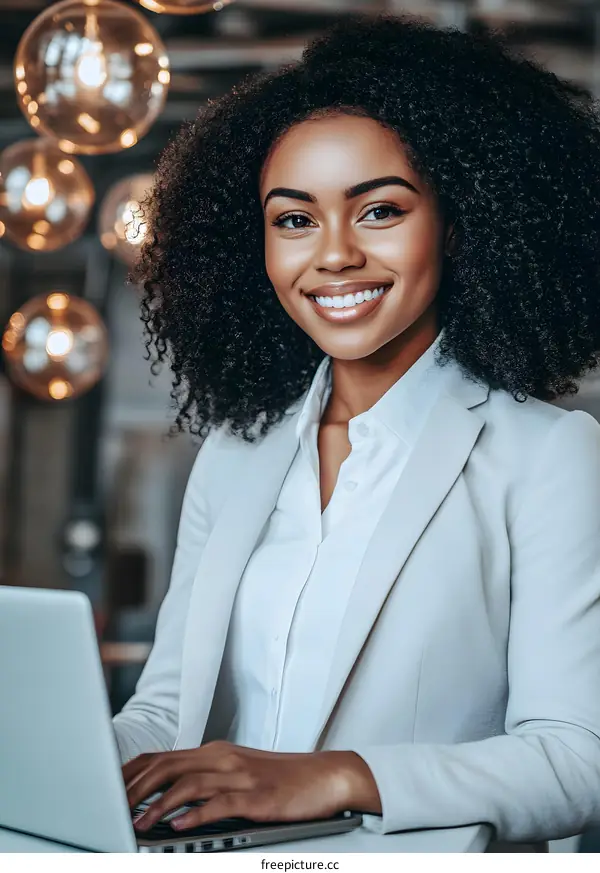Smiling African American Businesswoman Working on Laptop in Office