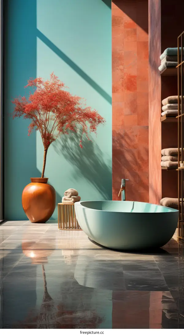 Japanese style bathroom with a red tree
