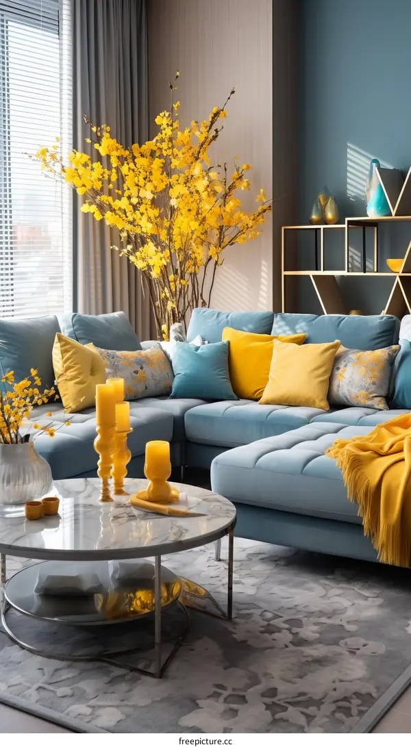 Blue and yellow living room interior design