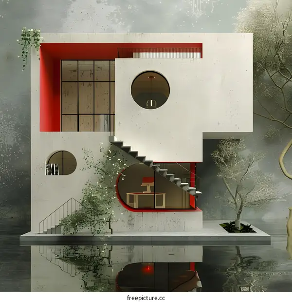 Modern minimalist house with red accents