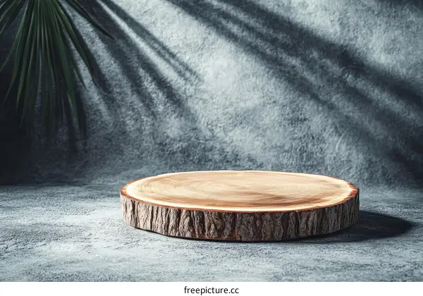 Wooden Slice Display Stand Against Dark Concrete Background