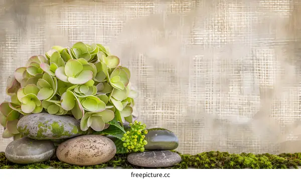 Green Hydrangea and Stacked Stones on a Rustic Background