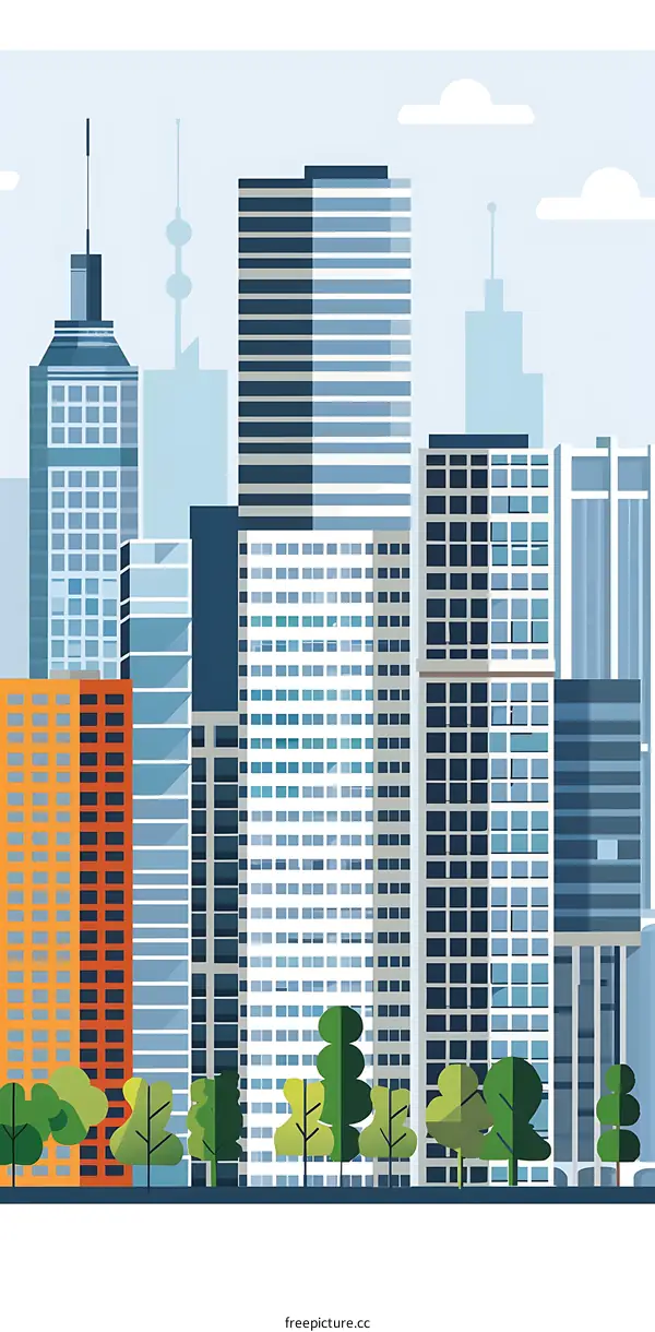 Modern City Skyline Illustration With Trees And Clouds