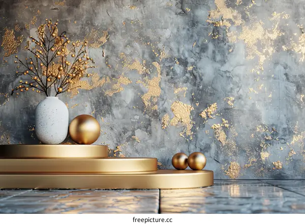 Gold Decorative Elements on a Gray Concrete Wall
