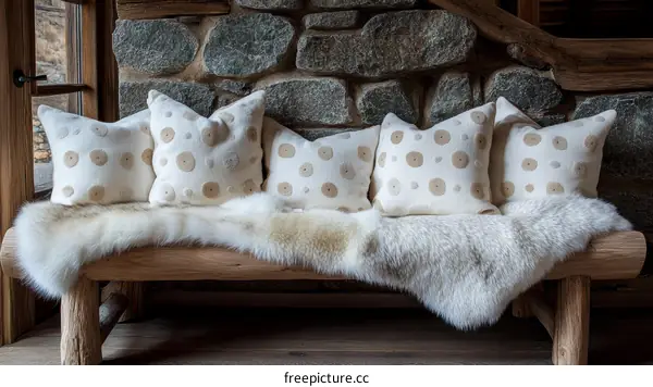 Creamy Beige Dotted Cushions on a Rustic Wooden Bench