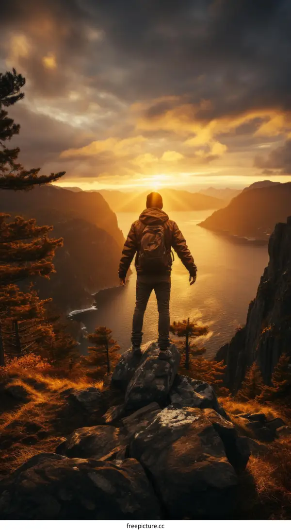 Man standing on a rock admiring the sunset over the mountains