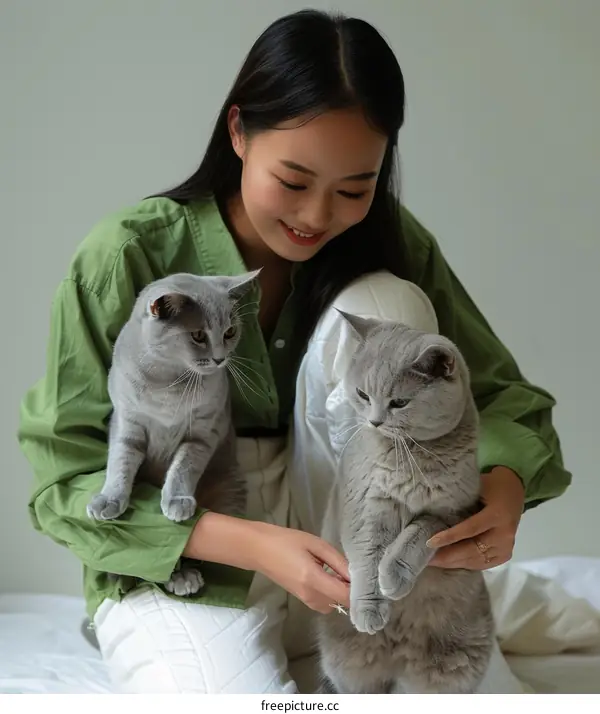 A young woman is sitting on a bed with two British Shorthair cats.