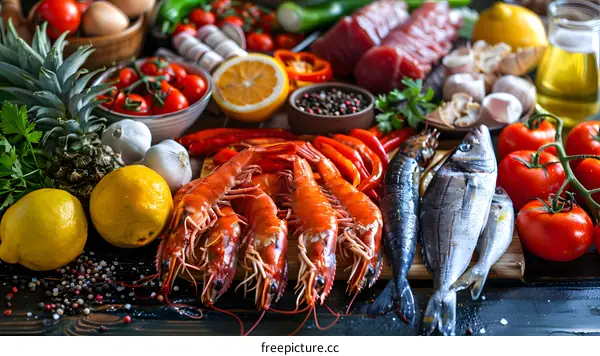 Fresh Seafood And Vegetables On Wooden Table
