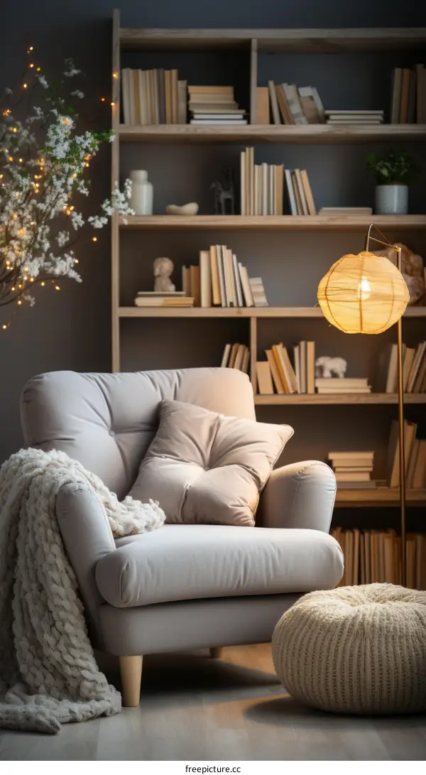 A cozy reading nook with a comfortable armchair, a soft ottoman, and a stylish floor lamp.
