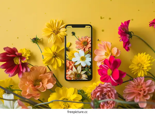 Yellow Background With Flowers And Smartphone