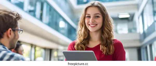 Smiling Woman Holding Tablet in Modern Office Building