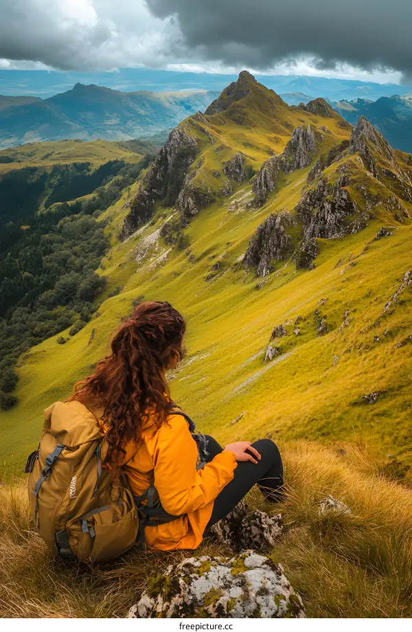 Woman Sitting On Mountain Top Looking At View