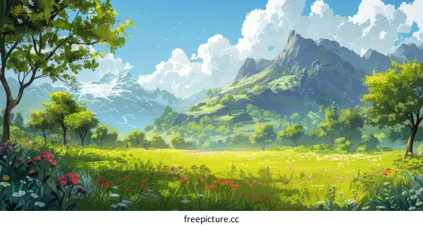 fantasy landscape painting of a mountain valley with a river running through it