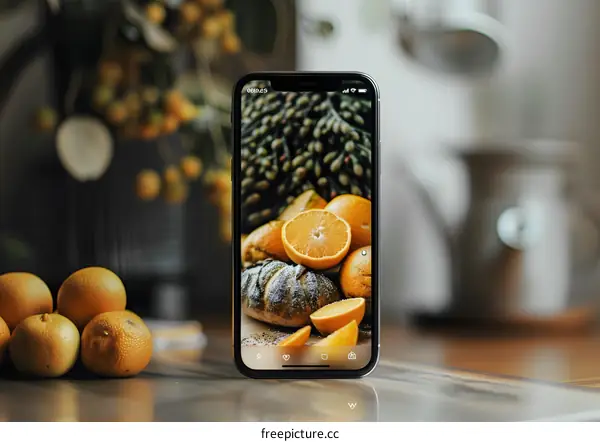 Close up of Mobile Phone Screen with Orange Slices and Loaf of Bread