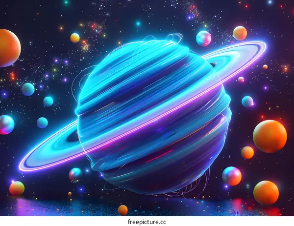 Abstract Neon Planet with Rings